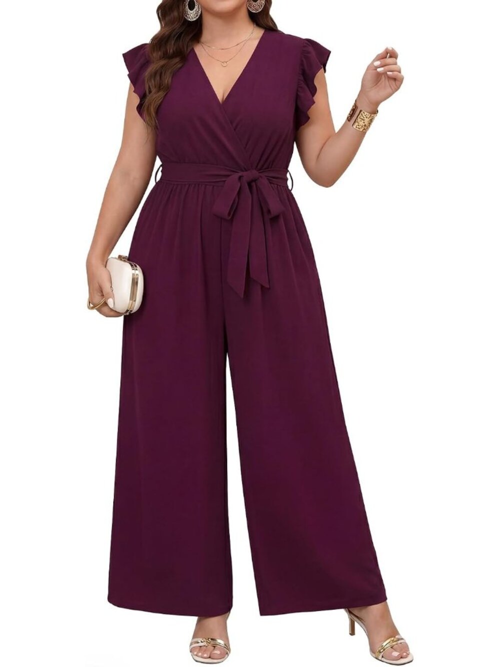 Women's Wine Red Wide Leg Elegant Formal Guest Dressy Party Jumpsuit Rompers
